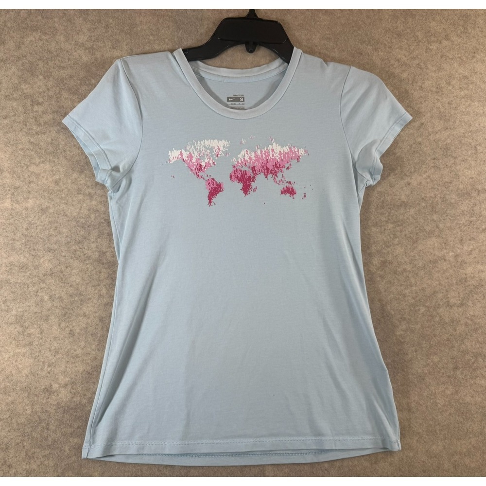 Nike T-Shirt Small Blue Pink The Human Race World Map Graphic Fit Dry